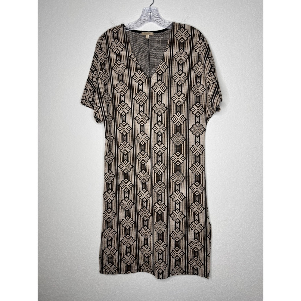 Bordeaux Women Geometric Tribal Print V-Neck Shift Dress Black Tan Size P-XS